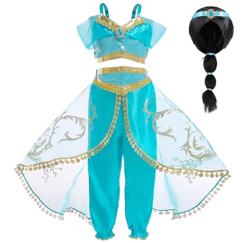 XFOZDM Jasmin Kostüm Kinder Prinzessin Jasmin Kostüm Mädchen Verkleidung aladdin jasmin Kleid mit Zubehör für faschingskostüme Halloween Weihnachten Geburtstag Party Cosplay Perücken 01 110 von XFOZDM