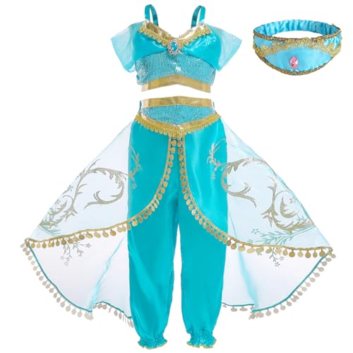 XFOZDM Jasmin Kostüm Kinder Prinzessin Jasmin Kostüm Mädchen Verkleidung aladdin jasmin Kleid mit Zubehör für faschingskostüme Halloween Weihnachten Geburtstag Party Stirnbänder 02 100 von XFOZDM