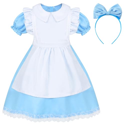 XFOZDM Mädchen Alice Im Wunderland Kleid Kostüm Kinder Alice Verkleidung mit Weißer Schürze und Haarreif für Faschingskostüme Halloween Weihnachten Geburtstag Party Cosplay 110 von XFOZDM