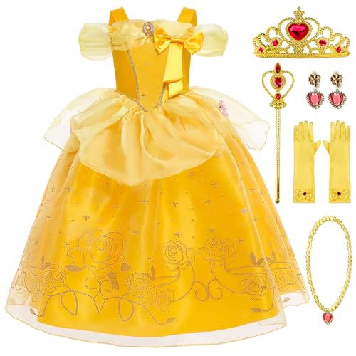 XFOZDM Mädchen Verkleidung Prinzessin Belle Kleid Belle Et La Bete Kinderkostüm Schulterfrei Mit Zubehör Geburtstagsparty Halloween Weihnachten Party Karneval Cosplay Kleid,110cm von XFOZDM