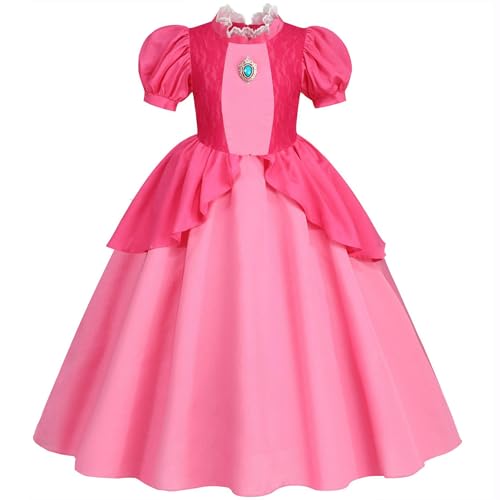 XFOZDM Peach Kostüm Kinder Prinzessin Peach Kleid Mädchen Peach Verkleidung für Faschingskostüme Halloween Weihnachten Geburtstag Party Cosplay, Rosa 100 von XFOZDM