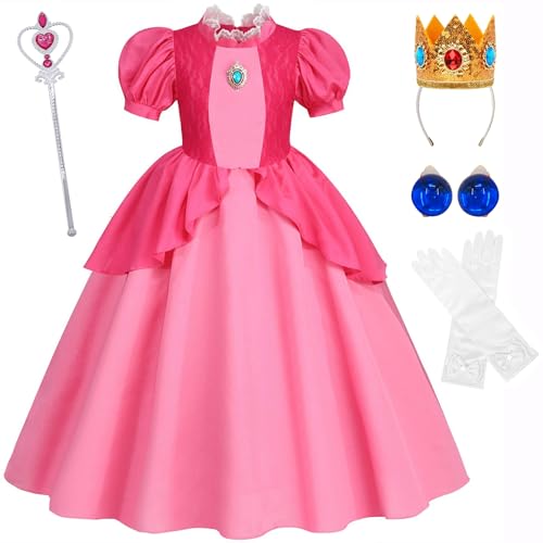 XFOZDM Peach Kostüm Kinder Prinzessin Peach Kleid Mädchen Peach Verkleidung mit Krone Zubehör für Faschingskostüme Halloween Weihnachten Geburtstag Party Cosplay, Rosa 01 100 von XFOZDM