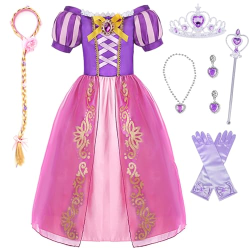 XFOZDM Rapunzel Kostüm Kinder Prinzessin Rapunzel Kleid Mädchen Rapunzel Verkleidung mit Zubehör für Faschingskostüme Halloween Weihnachten Geburtstag Party Cosplay, Lila 01 120 von XFOZDM