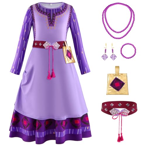 XFOZDM Wish Asha Kostüm Kinder Prinzessin Wish Asha Lila Kleid Mädchen Asha Verkleidung mit Zubehör für Faschingskostüme Halloween Weihnachten Geburtstag Party Cosplay 110 von XFOZDM