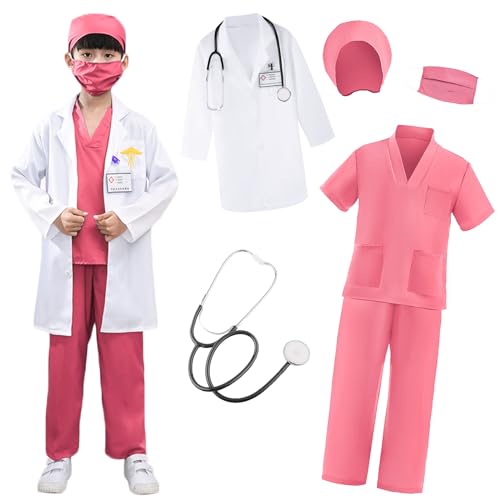 XFOZDM ärztin Kostüm Kinder Arzt Kostüm Kinder Mädchen Krankenschwester Doktor Kostüm Kinder mit Arztkittel Kinder Schrubb und Arzt Zubehör Halloween faschingskostüme Geschenke Rosa 120 von XFOZDM