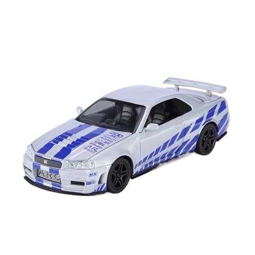 XGFFBAGB 1/32 Für GTR R34 Legierung Sport Auto Modell Diecast Metall Racing Auto Modell Sound Licht Spielzeug Geschenk(Silver,No Box) von XGFFBAGB