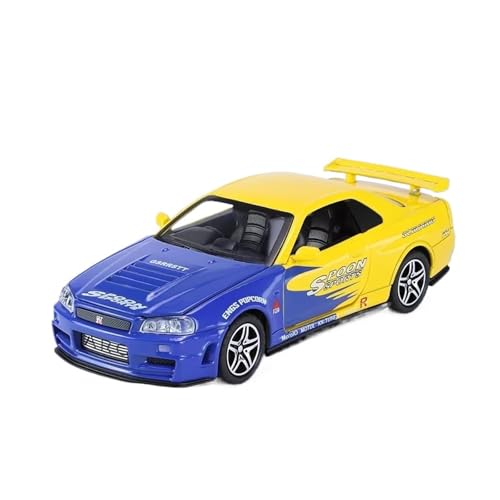 XGFFBAGB 1/32 Für GTR R34 Legierung Sport Auto Modell Diecast Metall Racing Auto Modell Sound Licht Spielzeug Geschenk(Yellow,No Box) von XGFFBAGB