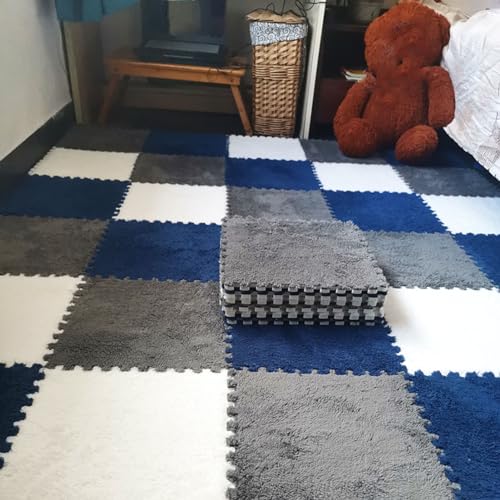 30 Stück Plüschschaum-Bodenfliesen, Schaumstoff-Puzzle-Spielmatten, 12 Zoll ineinander greifende Teppichfliesen für den Boden, 0,23 und 0,39 Zoll dick (Größe: 0,39 Zoll, Farbe: Wei von XGFXGF