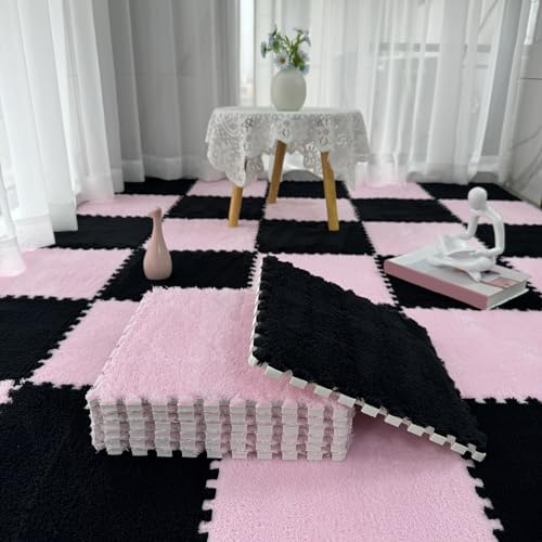 60 Stück 12-Zoll-Plüsch-Puzzle-Bodenfliesen, Boden-Puzzle-Spielmatte, ineinandergreifender Teppich, Schaumstofffliesenmatte, Schaumstoff-Bodenmatte fürs Bett (Größe: 0,23 Zoll, Far von XGFXGF
