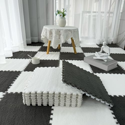 60 Stück 12-Zoll-Plüsch-Puzzle-Bodenfliesen, Boden-Puzzle-Spielmatte, ineinandergreifender Teppich, Schaumstofffliesenmatte, Schaumstoff-Bodenmatte fürs Bett (Größe: 0,23 Zoll, Far von XGFXGF