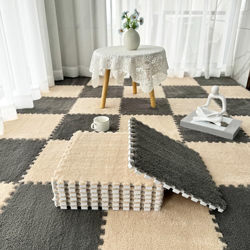 60 Stück 12-Zoll-Plüsch-Puzzle-Bodenfliesen, Boden-Puzzle-Spielmatte, ineinandergreifender Teppich, Schaumstofffliesenmatte, Schaumstoff-Bodenmatte fürs Bett (Größe: 0,39 Zoll, Far von XGFXGF