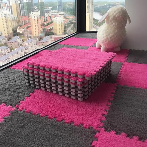 Ineinander greifende Teppichfliesen mit Rand, 60-teilige Bodenmatte aus Plüschschaum, Puzzle-Spielmatten, Wohnzimmer, Schlafzimmer, 30 x 30 cm (Größe: 0,23 Zoll, Farbe: Rosenrot + von XGFXGF
