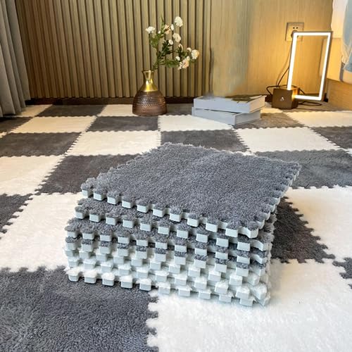 Plüsch-Puzzle-Schaumstoff-Bodenmatte, 150 Stück, 13,6 m², ineinander greifende Teppichfliesen, weiche quadratische Spielmatte, Spielzimmer, Schlafzimmer, 30,5 x 30,5 cm (Größe: 0,6 von XGFXGF