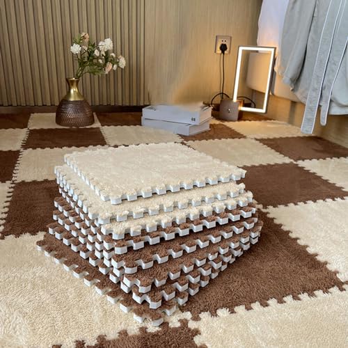 Plüsch-Puzzle-Schaumstoff-Bodenmatte, 150 Stück, 13,6 m², ineinander greifende Teppichfliesen, weiche quadratische Spielmatte, Spielzimmer, Schlafzimmer, 30,5 x 30,5 cm (Größe: 1 c von XGFXGF