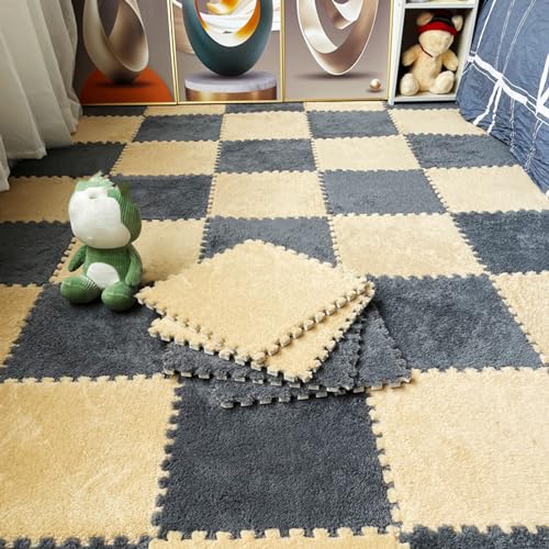 Plüsch-Puzzle-Spielmatten mit Rand, ineinander greifende Teppichfliesen, 10-teilige Schaumstoff-Bodenmatte, Wohnzimmer, Schlafzimmer, 30 x 30 cm (Größe: 0,23 Zoll, Farbe: Aprikose von XGFXGF