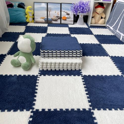 Plüsch-Puzzle-Spielmatten mit Rand, ineinander greifende Teppichfliesen, 10-teilige Schaumstoff-Bodenmatte, Wohnzimmer, Schlafzimmer, 30 x 30 cm (Größe: 0,23 Zoll, Farbe: Marinebla von XGFXGF
