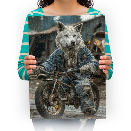 Erwachsenenpuzzle 4000 Teile Klassisches Puzzle Aus Holz Puzzles- Weißer Wolf auf einem Motorrad -Kind Geschenk Wohnkultur Modern Festival DIY Geschenk Intellektuelles Spiel 141x87cm von XHENTAI