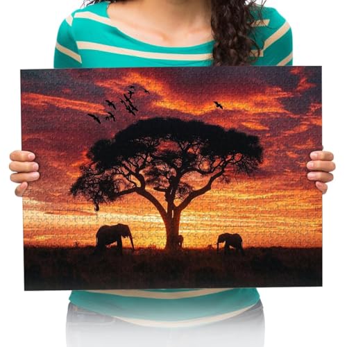 Holzpuzzle 500 Teile Sonnenuntergang Afrikanisches Tier Elefant Puzzles Lernspielzeug Für Geburtstagsgeschenk Für Erwachsene 52x38cm von XHENTAI