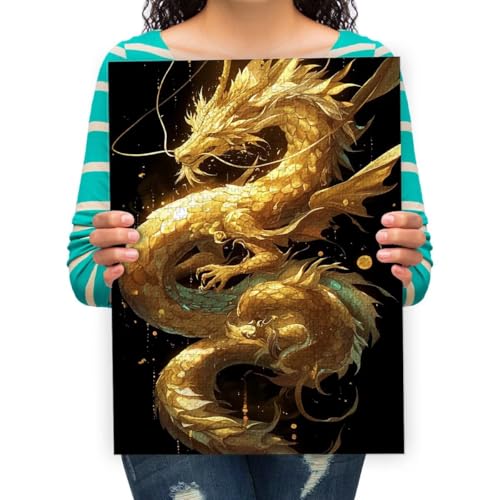 Puzzel Für Erwachsenen Puzzle 300 Teile Kind Puzzles Aus Holz- Goldener chinesischer Drache -Geschenk Wohnkultur Modern Festival DIY Geschenk Intellektuelles Spiel 52 * 38cm von XHENTAI