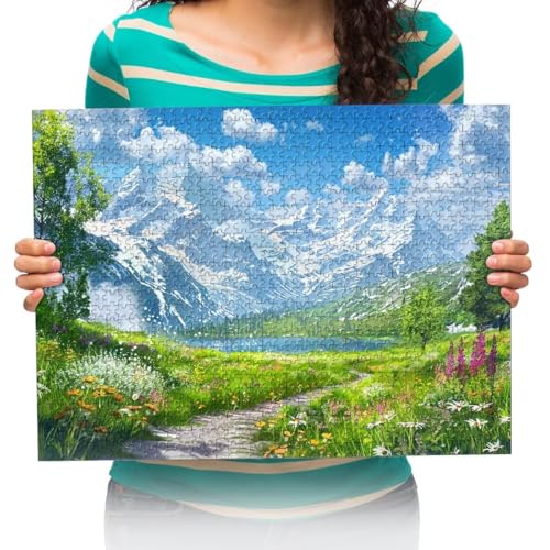 Puzzle 1000 Teile Erwachsene Schneebedeckte Berge und Blumen Landschaftsmalerei Puzzles für Erwachsene Lernspiel Herausforderungsspielzeug 75x50cm von XHENTAI