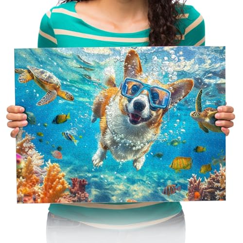 Puzzle 1500 Teile,Puzzle für Erwachsene,Impossible Puzzle,Corgi und Tropische Fische Puzzle farbenfrohes Legespiel 87x57cm von XHENTAI