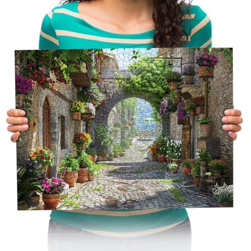 Puzzle 300 Teile,Puzzle für Erwachsene,Impossible Puzzle,Puzzle farbenfrohes Legespiel,Straße der Blumen Antike Gebäude Erwachsenenpuzzle ab 14 Jahren 52x38cm von XHENTAI