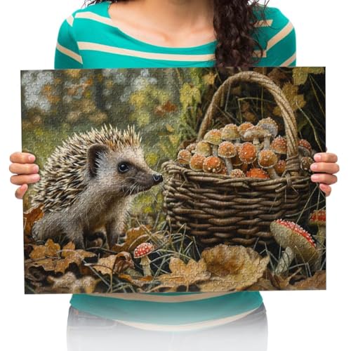 Puzzle 300 Teile Kleiner Igel, Bambuskorb, Pilze Impossible Puzzle, Geschicklichkeitsspiel für die ganze Familie 38x52cm von XHENTAI