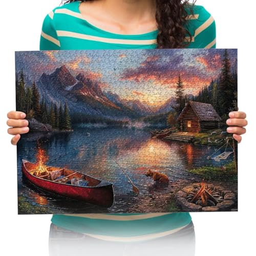 Puzzle 300 Teile Lake Cottage Landschaftsgemälde Puzzles farbenfrohes Legespiel,Geschicklichkeitsspiel für die ganze Familie 38 * 52cm von XHENTAI