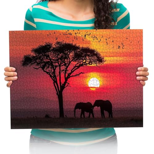 Puzzle 300 Teile - Sonnenuntergang Afrikanisches Tier Elefant - 300 Teile Puzzle für Erwachsene und Kinder ab 14 Jahren - Geschicklichkeitsspiel für die ganze Familie - Geschenk an Kinder 52 * 38cm von XHENTAI