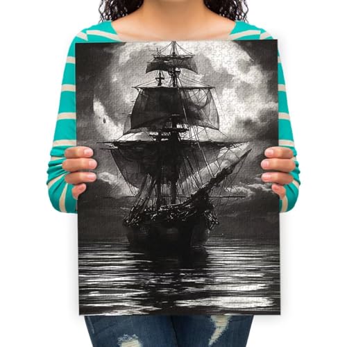 Puzzle 500 Teile,Puzzle für Erwachsene,Schwarz-weißes Segelboot auf See Geschicklich keitsspiel für die ganze Impossible Puzzle Familie 52x38cm von XHENTAI