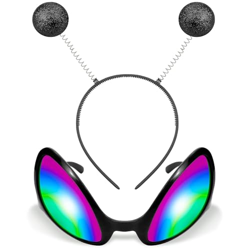 XIABYAYU Glitzer Alien Haarreif, Alien Haarreif Schwarz, Alien Kopfschmuck, Unisex Haarband, Alien Regenbogenlinse Sonnenbrille, Stirnband für Mottoparty, Outfit Party von XIABYAYU