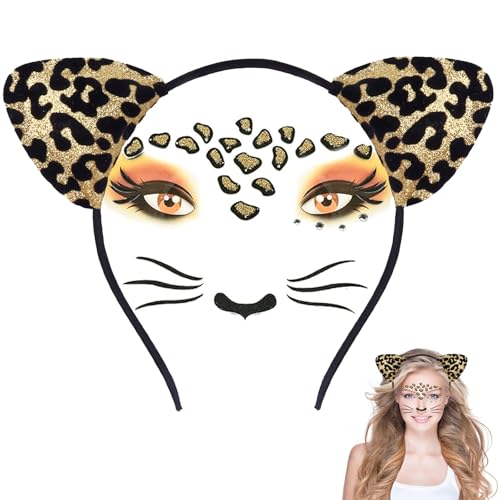 XIABYAYU Leopard Kostüm Set, Leopard Stirnband, Leoparden Ohren Haarreif mit Leopard Aufkleber, Leopard Kostüm Zubehör für Karneval, Fastnacht, Rollenspiele von XIABYAYU