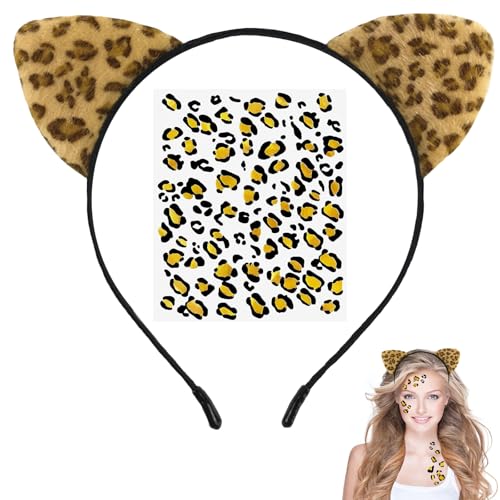 XIABYAYU Leopard Kostüm Set, Leopard Stirnband, Leoparden Ohren Haarreif mit Temporäre Tattoos, Leopard Kostüm Zubehör für Karneval, Fastnacht, Rollenspiele von XIABYAYU