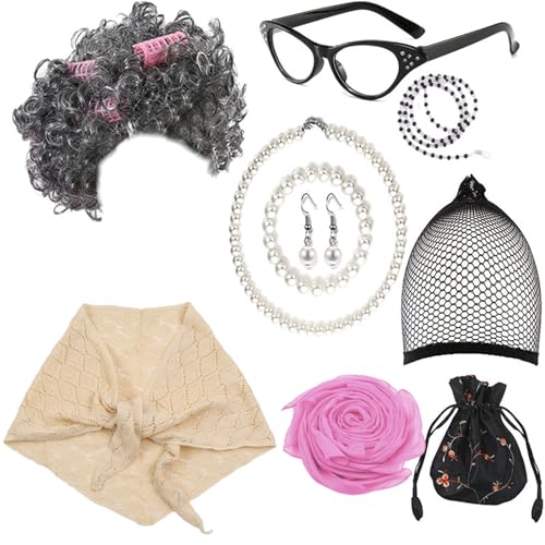 XIAHIOPT Kostüm-Set für alte Dame, graue Perücken, künstliche Perlen, Ohrringe, Brille, für alte Dame von XIAHIOPT