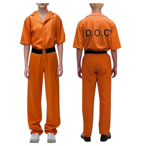 Gefangnis Kostüm Orange, sträfling Häftling Kostüm Herren Damen, träfling Gefangene Kostüm, Prisoner Overall Kostüm mit Hüftgürtel, Gefangener Kostüm für Halloween Karneval Costume (Orange, M) von XIANUOJI