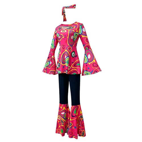 Hippie Kostüm Damen, 60er 70er Jahre Outfit Damen, Kostüm Damen, Flower Power Kleidung Damen, Oberteil mit Ausgestellten Ärmeln, Schlaghose Hippie Damen, Haarband Hippie, Karneval (Heißes Rosa, XXL) von XIANUOJI