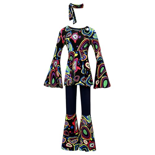 Hippie Kostüm Damen, 60er 70er Jahre Outfit Damen, Kostüm Damen, Flower Power Kleidung Damen, Oberteil mit Ausgestellten Ärmeln, Schlaghose Hippie Damen, Haarband Hippie, Karneval (Schwarz, XXL) von XIANUOJI