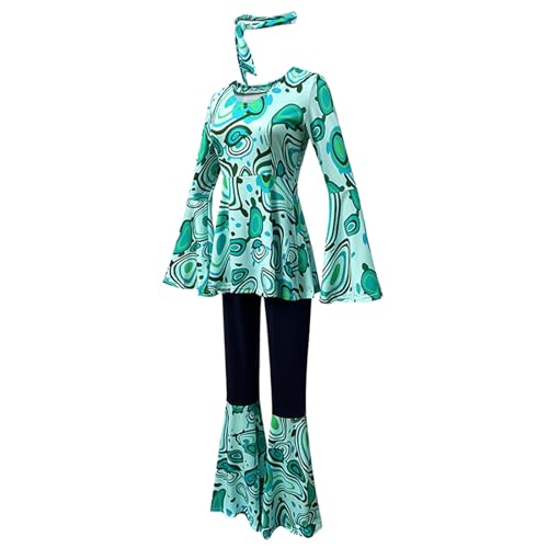 Hippie Kostüm Damen, 60er 70er Jahre Outfit Damen, Kostüm Damen, Flower Power Kleidung Damen, Oberteil mit Ausgestellten Ärmeln, Schlaghose Hippie Damen, Haarband Hippie, Karneval Kostüm (Grün, L) von XIANUOJI