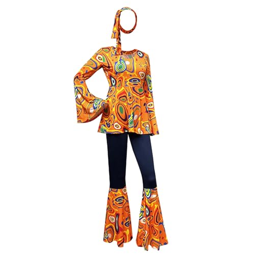 Hippie Kostüm Damen, 60er 70er Jahre Outfit Damen, Kostüm Damen, Flower Power Kleidung Damen, Oberteil mit Ausgestellten Ärmeln, Schlaghose Hippie Damen, Haarband Hippie, Karneval Kostüm (Orange, XXL) von XIANUOJI