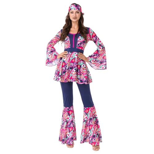 Hippie Kostüm Damen, 60er 70er Jahre Outfit Damen, Kostüm Damen, Flower Power Kleidung Damen, Oberteil mit Ausgestellten Ärmeln, Schlaghose Hippie Damen, Haarband Hippie, Karneval Kostüm (Rosa, XL) von XIANUOJI