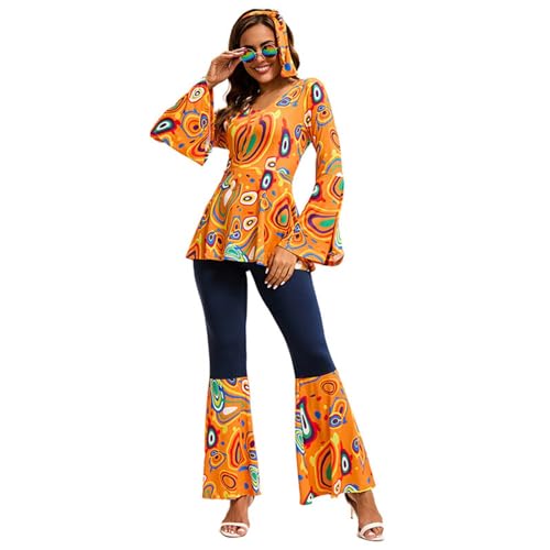 Hippie Kostüm Damen, Karneval Kostüm Damen Hippie Set 60 70er, Hippie Kleidung Schlaghose mit Accessoires, Faschingskostüme Hippie Möttöparty Kostüm Disco Outfit für Karneval Kostümparty (Orange, L) von XIANUOJI