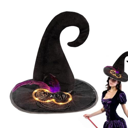 XIAOXIAOYU Hexenhut, Leuchtender Hexenhut | Zaubererhüte | Hexenkostüm-Accessoires, Halloween-Kostüm, schwarzer Hexenhut für Frauen mit Federdekor von XIAOXIAOYU