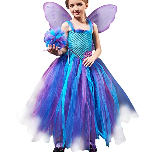 XIAOXIAOYU Mädchen-Fee-Prinzessin-Kleid, Schmetterling Kostüm Mädchen, Mädchen Kostüm Schmetterling Mit Tüllrock, Flügel, Zauberstab, Mädchen-Prinzessin-Geburtstagsfeier-Elf-Fee-Kleider Für Cosplay von XIAOXIAOYU