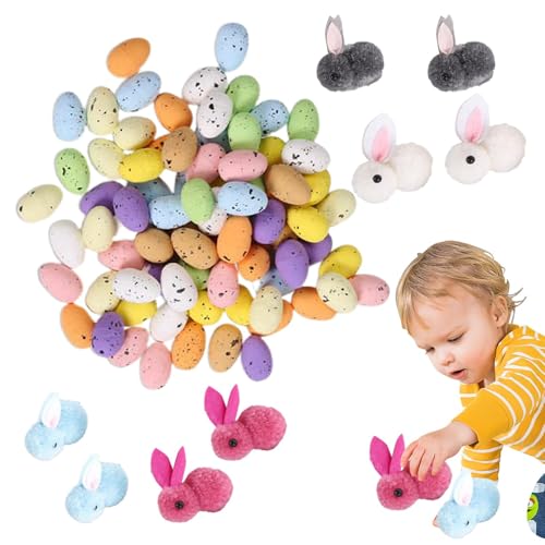 XIAOXIAOYU Osterhase Stofftier, Osterhase und Eier,8X kleine Hasenpuppen mit 24 Ostereiern - Schaumstoffeier, Plüschtier für Schreibtisch, Sofa, Tisch, Bücherregal-Dekoration von XIAOXIAOYU