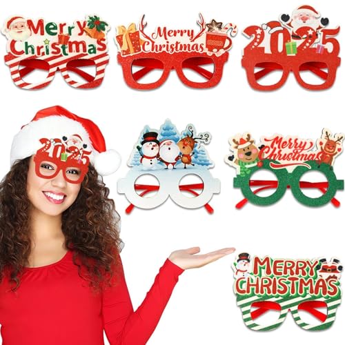 XIAOXIAOYU Weihnachts-Glitzer-Partybrille, Party-Brillengestelle 2025,2025 Brille Weihnachtsbrille | 6 x Foto-Requisiten, Weihnachtsgläser, Partydekorationen, Weihnachtsmann, Schneemann, Elch, von XIAOXIAOYU