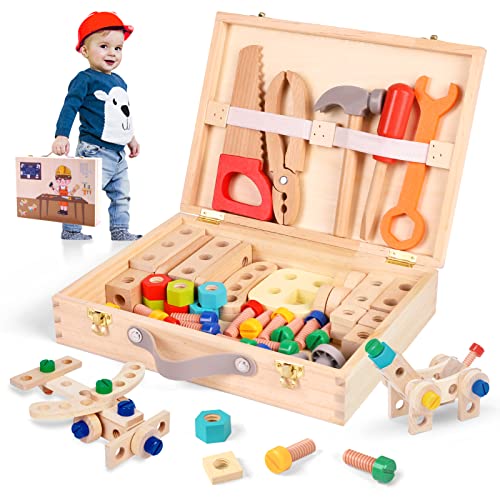 Werkzeugkoffer Kinder Werkzeug Holzspielzeug, 55 Stück Werkbank Kinderwerkzeug Set mit Holzwerkzeug und Werkzeugkasten, Motorikspielzeug ab 2 3 4 5 Jahre Jungen Mädchen, Geburtztag Geschenk (Kasten) von XIAPIA