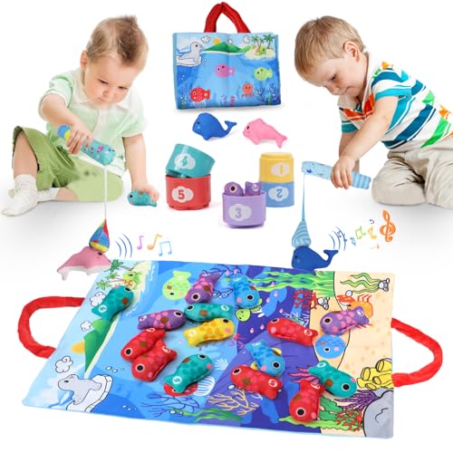 XIAPIA Montessori Angelspiel ab 1 2 Jahre mit 2 Angeln, Baby Motorikspielzeug mit 15 Fische, Delfin, Wal, Stapel Bechern und Tragtasche, Kinder Fische Angeln Spiel Geschenk für Junge Mädchen von XIAPIA