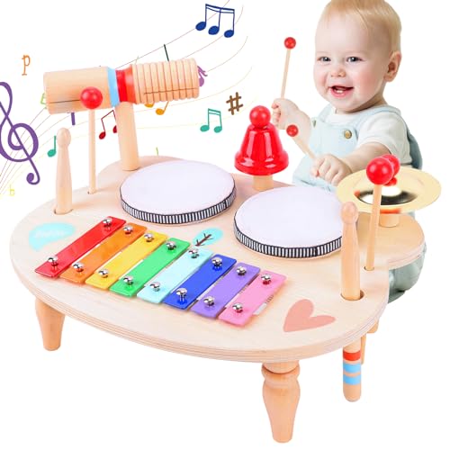 XIAPIA Schlagzeug Kinder, 10-in-1 Trommel Musikinstrumente für Kinder ab 1 2 3 Jahr mit Xylophon, Holzspielzeug für Ostern Geschenk Junge Mädchen von XIAPIA