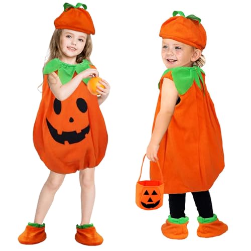 XIAQICA Halloween Kürbis Kostüm Kinder Kürbiskostüm Kürbis Faschingskostüme Kürbis Kleidung+Hut+Schuhe+Tasche, Kinder Rollenspiel Kürbis Halloween-anzug für Karneval Mädchen Jungen(110CM), Orange von XIAQICA