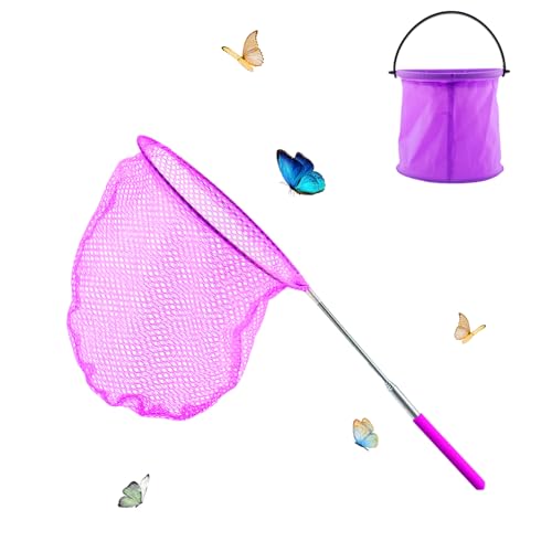 XIAQICA Schmetterlingsnetz Teleskop Kescher Kinder with Faltbarer Eimer Kächersieb Kinder Käscher für Fischernetz Teichnetz Ausziehbar Kleinen Fischen Outdoor Strand Garten (Lila) von XIAQICA